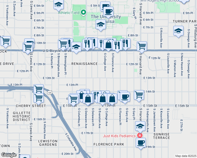 map of restaurants, bars, coffee shops, grocery stores, and more near 1304 South Evanston Avenue in Tulsa
