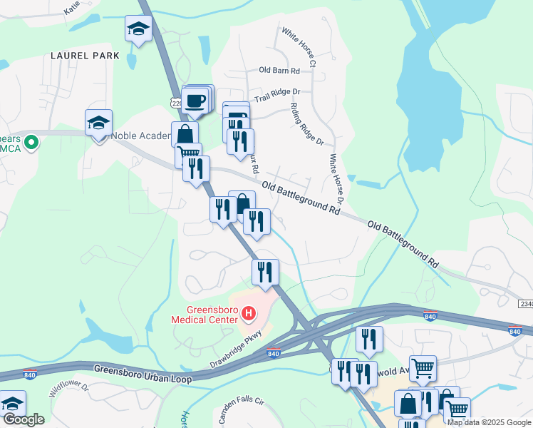map of restaurants, bars, coffee shops, grocery stores, and more near 4715 Pageland Drive in Greensboro