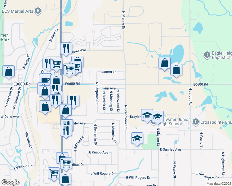 map of restaurants, bars, coffee shops, grocery stores, and more near 2210 North Briarwood Drive in Stillwater