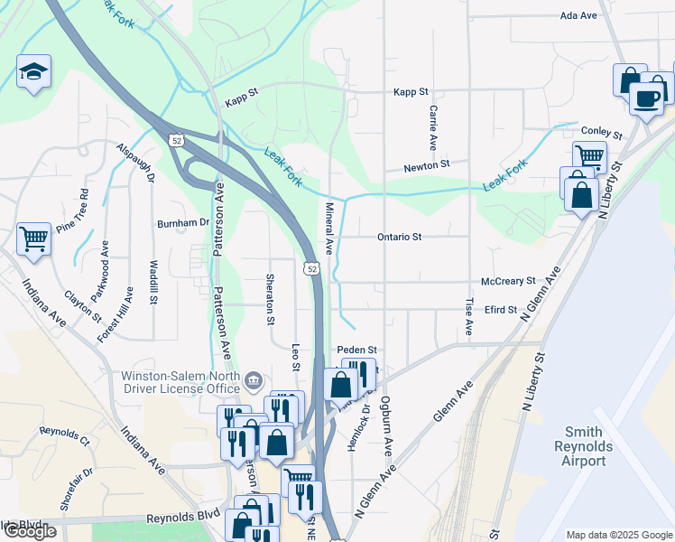 map of restaurants, bars, coffee shops, grocery stores, and more near 509 McCreary Street in Winston-Salem