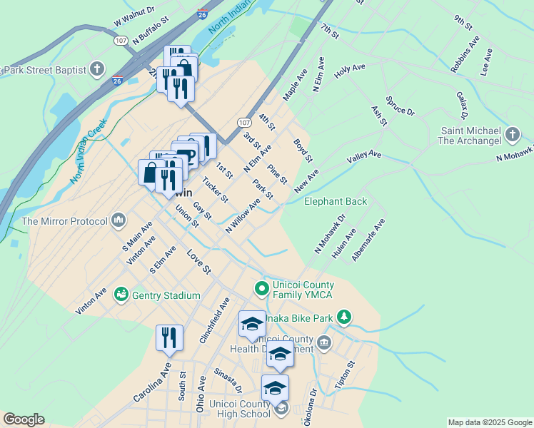 map of restaurants, bars, coffee shops, grocery stores, and more near 223 New Ave in Erwin