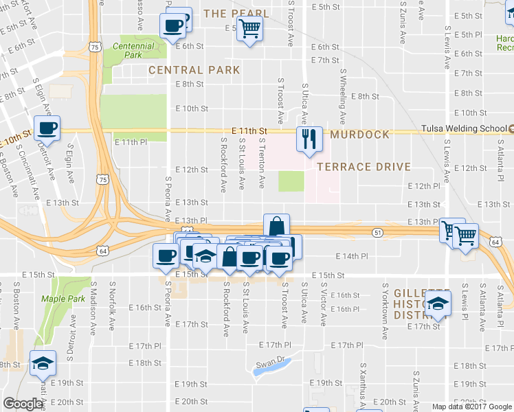 map of restaurants, bars, coffee shops, grocery stores, and more near 1546 East 13th Street in Tulsa