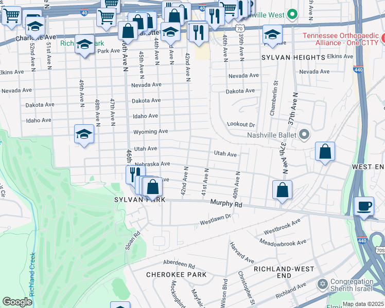 map of restaurants, bars, coffee shops, grocery stores, and more near 4115 Utah Avenue in Nashville