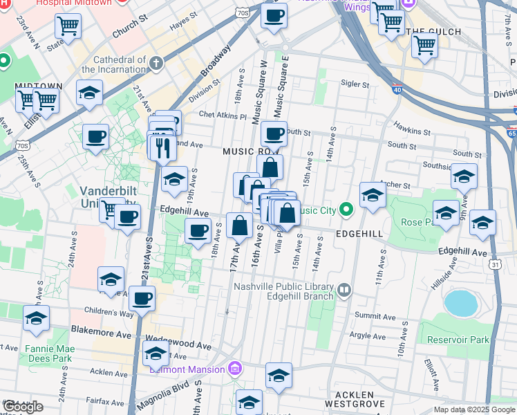 map of restaurants, bars, coffee shops, grocery stores, and more near 1105 16th Avenue South in Nashville