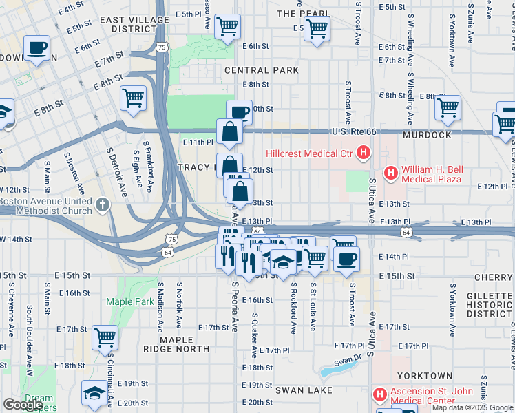 map of restaurants, bars, coffee shops, grocery stores, and more near 1301 South Quaker Avenue in Tulsa