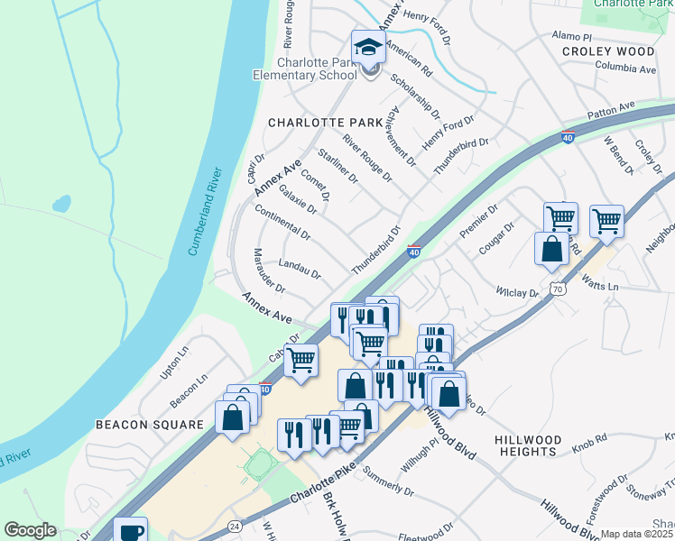 map of restaurants, bars, coffee shops, grocery stores, and more near 505 Continental Drive in Nashville
