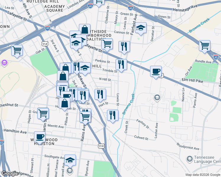 map of restaurants, bars, coffee shops, grocery stores, and more near 57 Shepard Street in Nashville