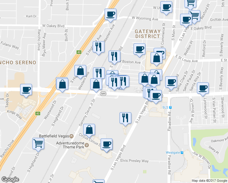 map of restaurants, bars, coffee shops, grocery stores, and more near 411 West Sahara Avenue in Las Vegas