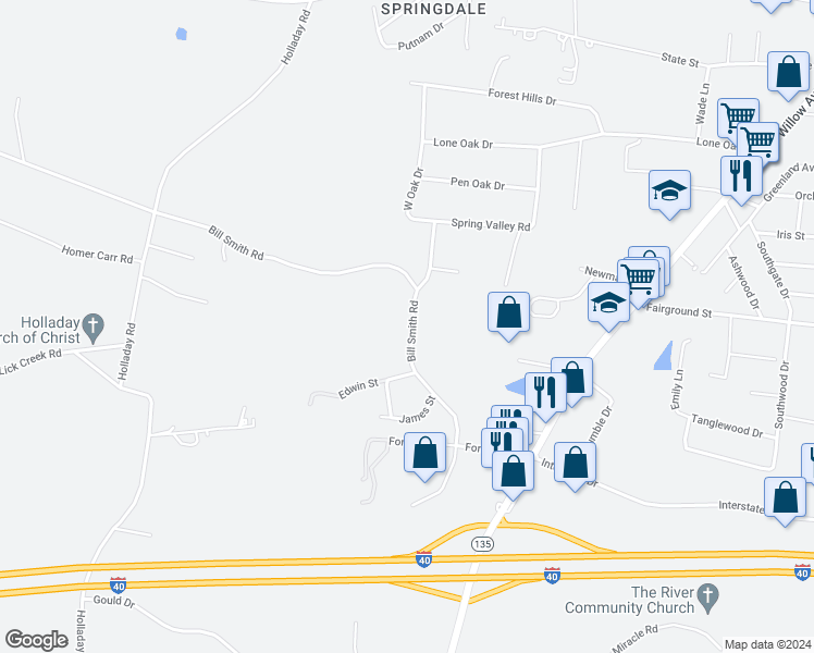 map of restaurants, bars, coffee shops, grocery stores, and more near 906 Bill Smith Road in Cookeville
