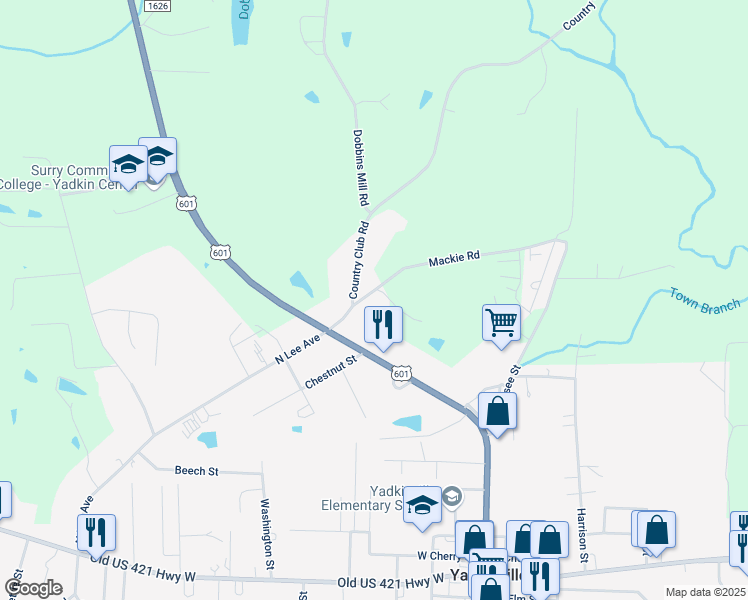 map of restaurants, bars, coffee shops, grocery stores, and more near 1112 Mackie Road in Yadkinville