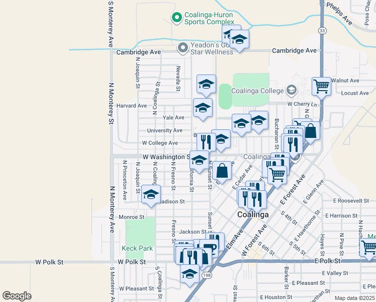 map of restaurants, bars, coffee shops, grocery stores, and more near 216 Washington Street in Coalinga