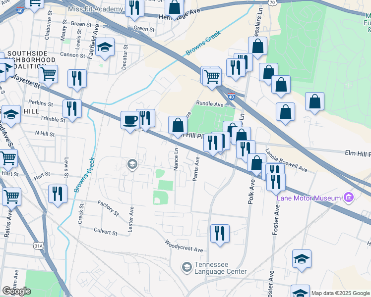 map of restaurants, bars, coffee shops, grocery stores, and more near 419 Murfreesboro Pike in Nashville