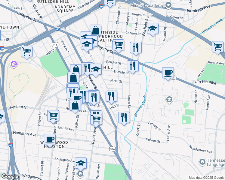 map of restaurants, bars, coffee shops, grocery stores, and more near 1238 1st Avenue South in Nashville