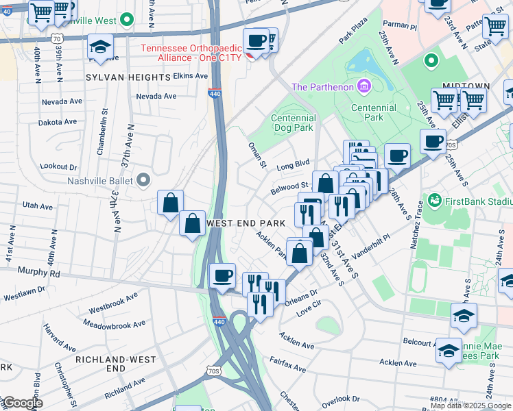 map of restaurants, bars, coffee shops, grocery stores, and more near 3203 Long Boulevard in Nashville