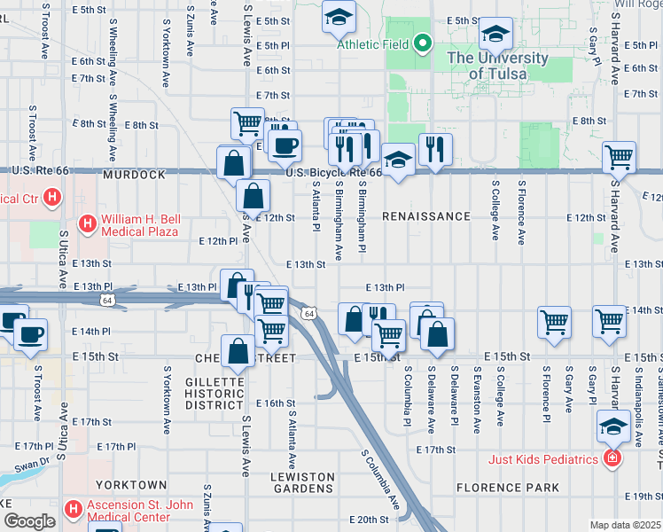 map of restaurants, bars, coffee shops, grocery stores, and more near 2604 East 13th Street in Tulsa