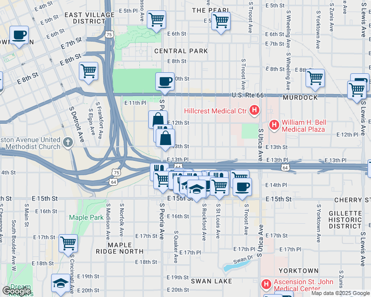 map of restaurants, bars, coffee shops, grocery stores, and more near 1301 South Quincy Avenue in Tulsa