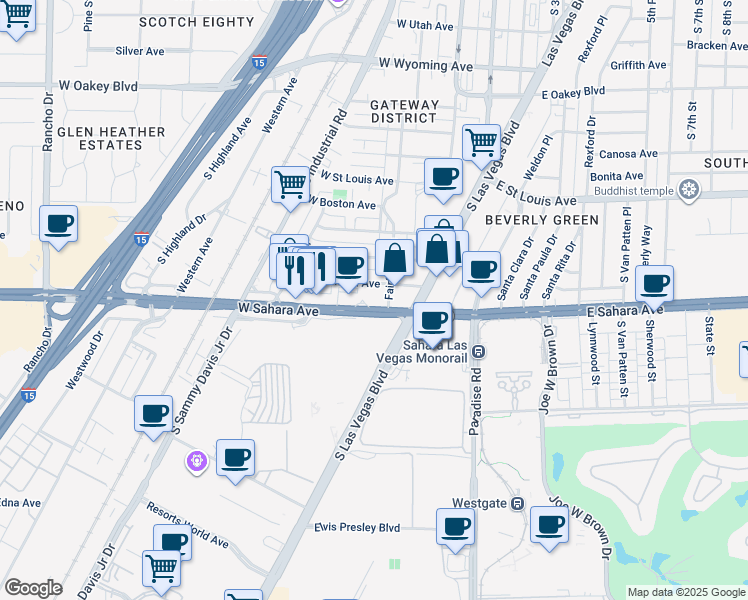 map of restaurants, bars, coffee shops, grocery stores, and more near 200 West Sahara Avenue in Las Vegas