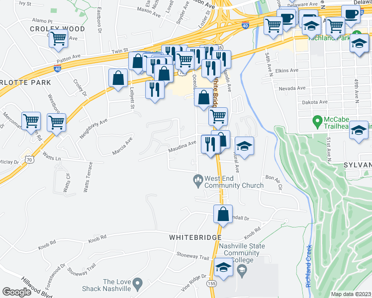 map of restaurants, bars, coffee shops, grocery stores, and more near 5707 Maudina Avenue in Nashville