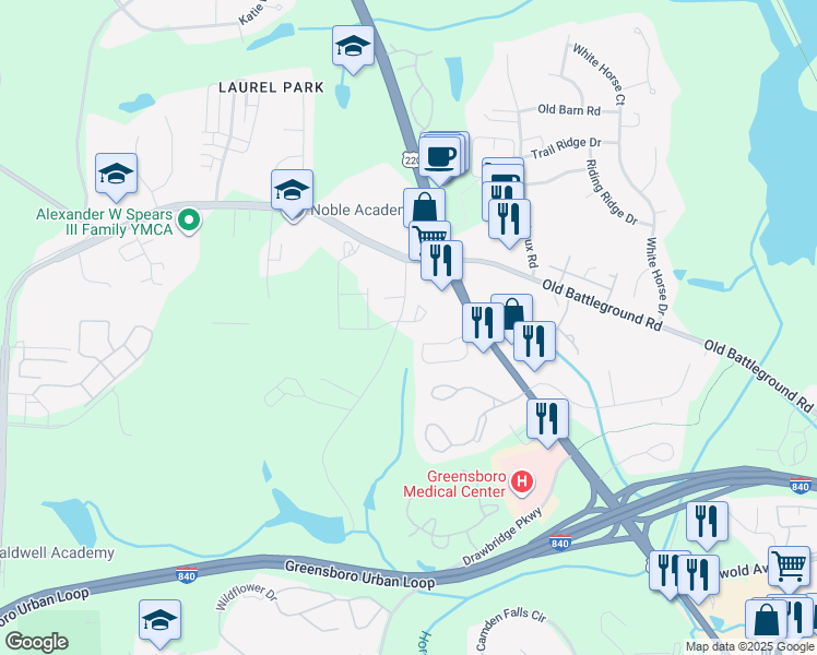 map of restaurants, bars, coffee shops, grocery stores, and more near 49 Four Farms Circle in Greensboro