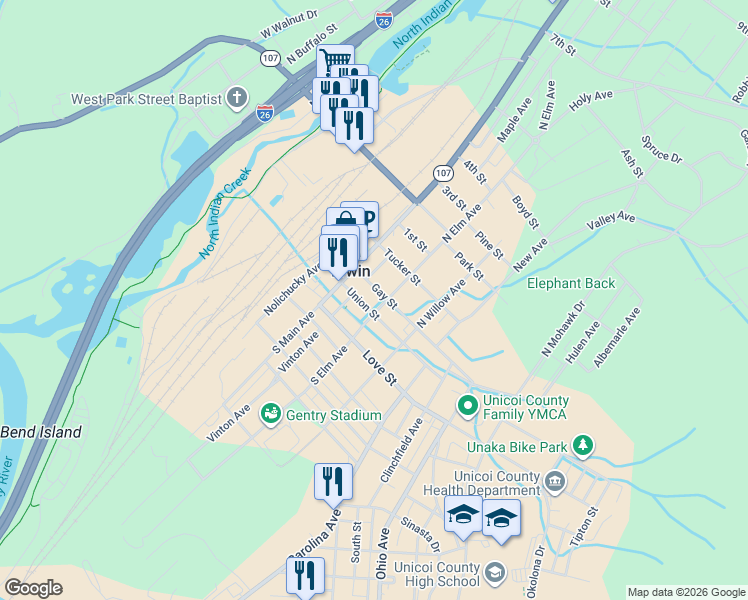 map of restaurants, bars, coffee shops, grocery stores, and more near 100 S Elm Ave in Erwin