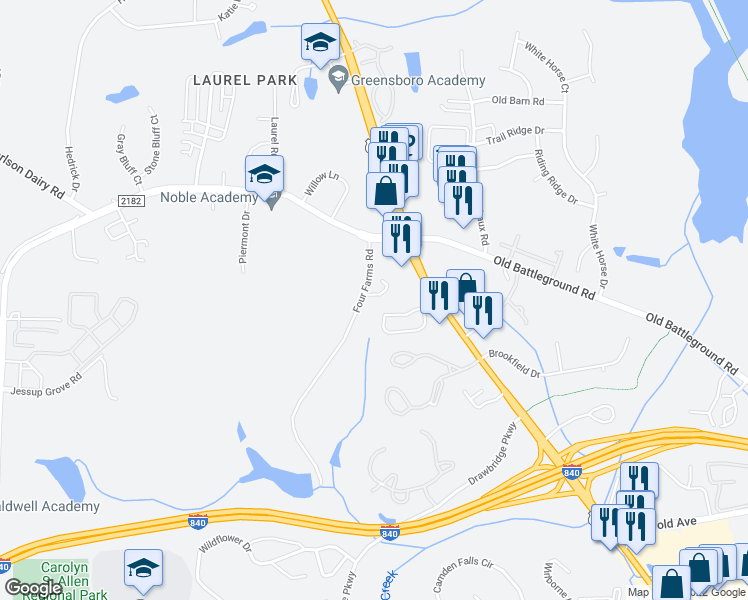 map of restaurants, bars, coffee shops, grocery stores, and more near 45 Four Farms Circle in Greensboro