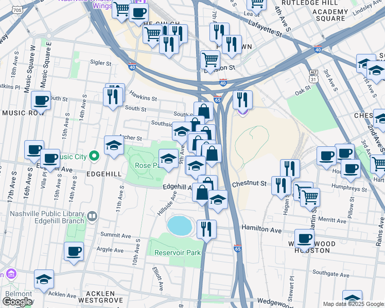 map of restaurants, bars, coffee shops, grocery stores, and more near 1019 8th Avenue South in Nashville