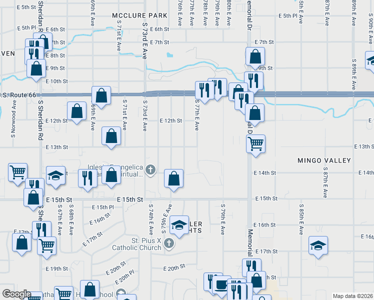 map of restaurants, bars, coffee shops, grocery stores, and more near 1307 South 76th East Avenue in Tulsa