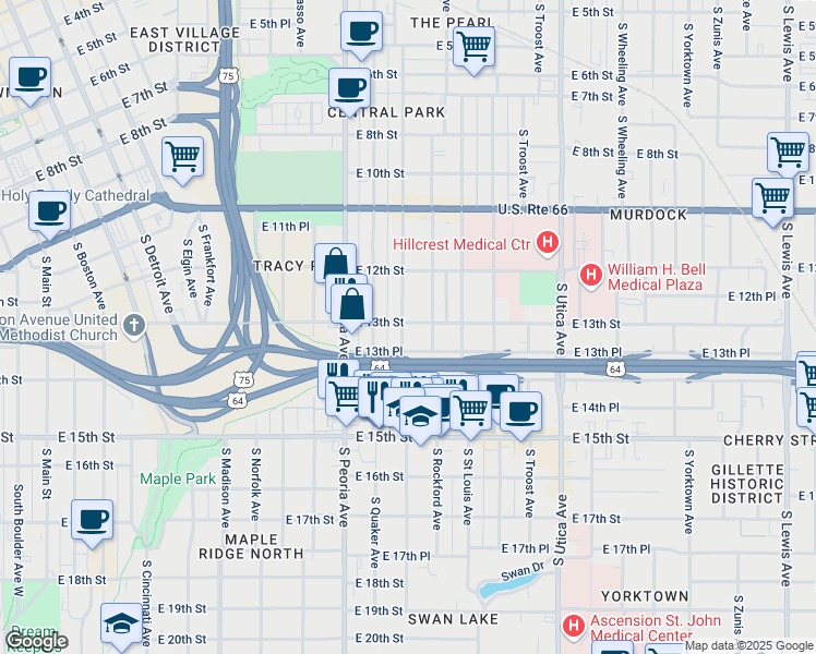 map of restaurants, bars, coffee shops, grocery stores, and more near 1301 South Quincy Avenue in Tulsa