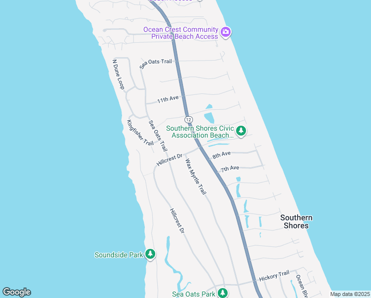 map of restaurants, bars, coffee shops, grocery stores, and more near 335 Hillcrest Drive in Kitty Hawk