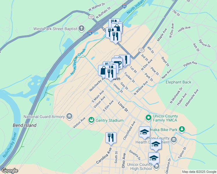 map of restaurants, bars, coffee shops, grocery stores, and more near 218 S Main Ave in Erwin