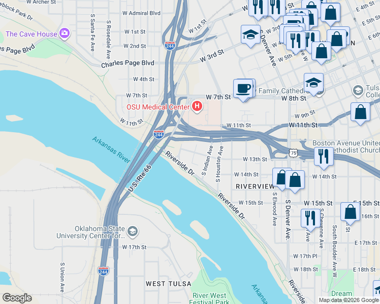 map of restaurants, bars, coffee shops, grocery stores, and more near 740 West 13th Street in Tulsa