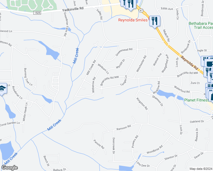 map of restaurants, bars, coffee shops, grocery stores, and more near 3840 Tangle Lane in Winston-Salem