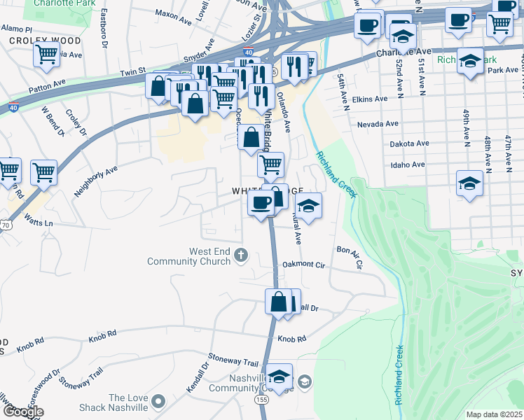 map of restaurants, bars, coffee shops, grocery stores, and more near 273 White Bridge Pike in Nashville