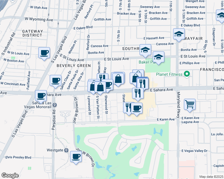 map of restaurants, bars, coffee shops, grocery stores, and more near 602 East Sahara Avenue in Las Vegas