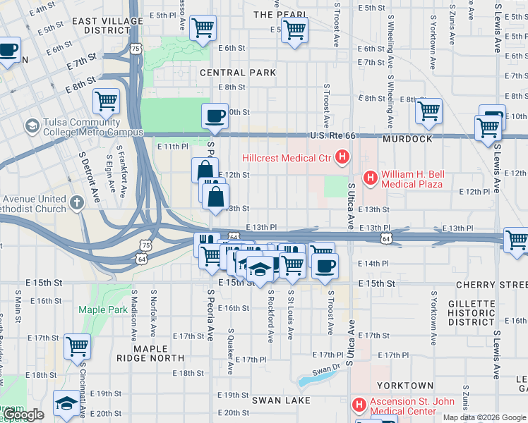 map of restaurants, bars, coffee shops, grocery stores, and more near 1302 South Rockford Avenue in Tulsa