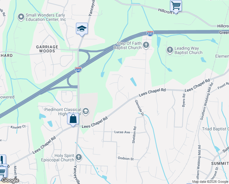 map of restaurants, bars, coffee shops, grocery stores, and more near 113 Valentine Court in Greensboro