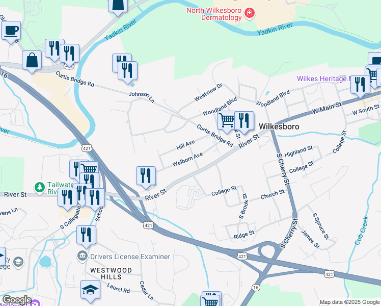 map of restaurants, bars, coffee shops, grocery stores, and more near 1002 Elm Street in Wilkesboro