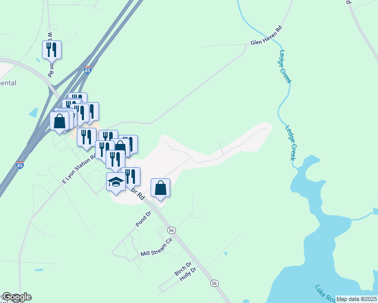 map of restaurants, bars, coffee shops, grocery stores, and more near 1595 Rogers Pointe Lane in Creedmoor