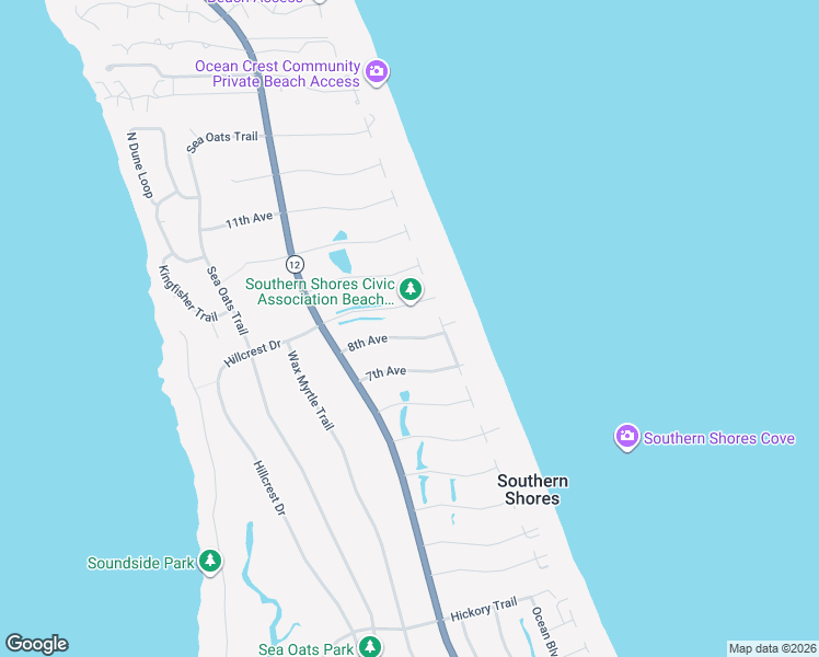 map of restaurants, bars, coffee shops, grocery stores, and more near 12 8th Avenue in Kitty Hawk