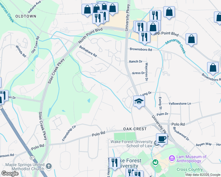 map of restaurants, bars, coffee shops, grocery stores, and more near 913 Idlewilde Heath Court in Winston-Salem
