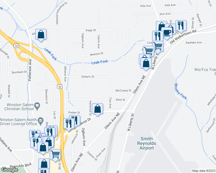 map of restaurants, bars, coffee shops, grocery stores, and more near 4114 Tise Avenue in Winston-Salem