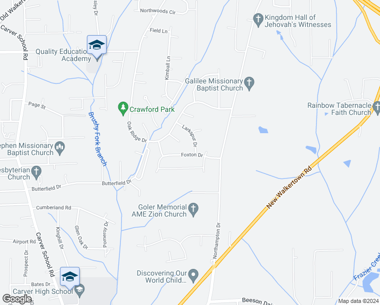 map of restaurants, bars, coffee shops, grocery stores, and more near 3744 Foxton Drive in Winston-Salem