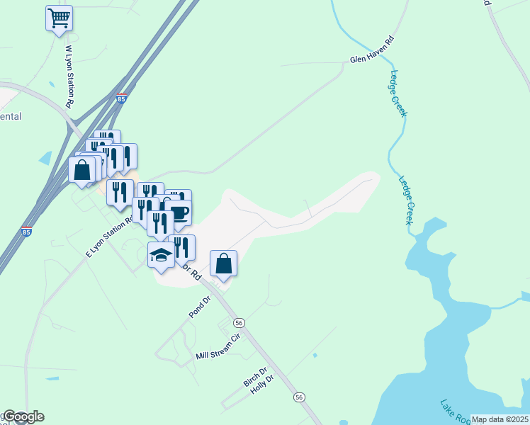 map of restaurants, bars, coffee shops, grocery stores, and more near 1595 Rogers Pointe Lane in Creedmoor