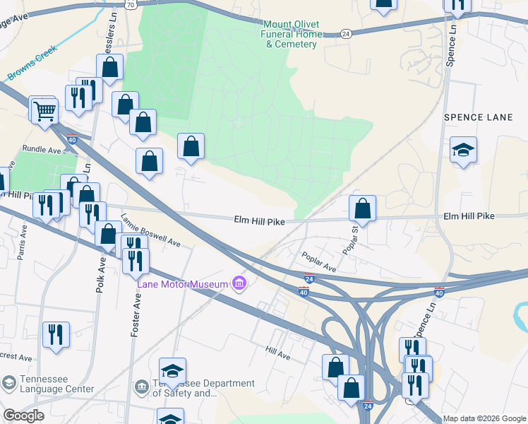 map of restaurants, bars, coffee shops, grocery stores, and more near 1106 Elm Hill Pike in Nashville