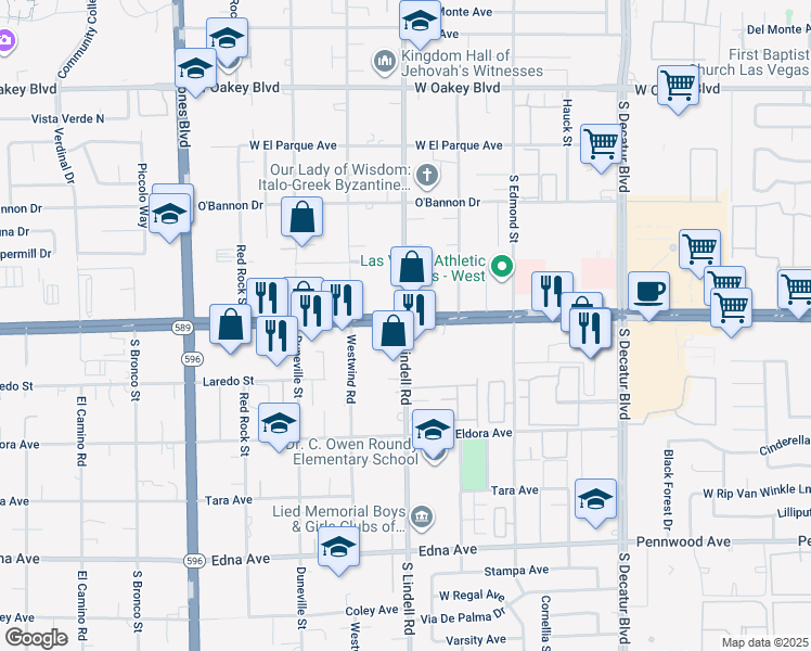 map of restaurants, bars, coffee shops, grocery stores, and more near South Lindell Road in Las Vegas