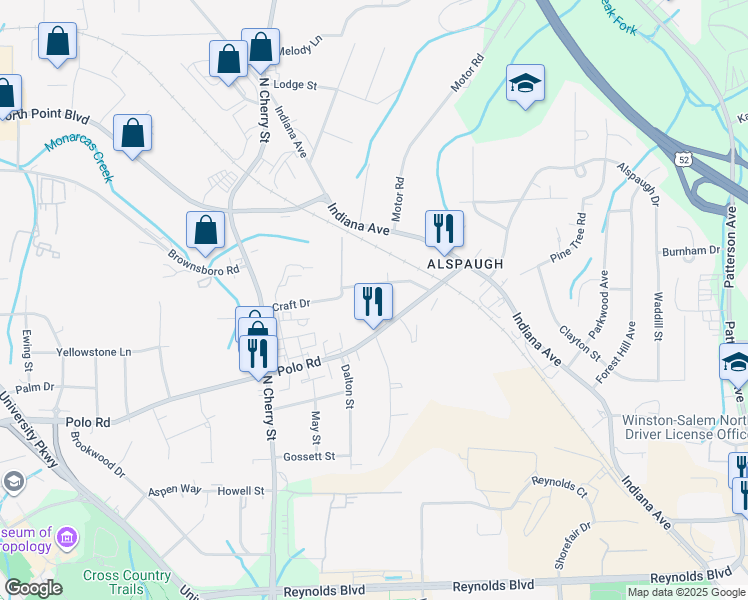 map of restaurants, bars, coffee shops, grocery stores, and more near 4203 Dellwood Drive in Winston-Salem
