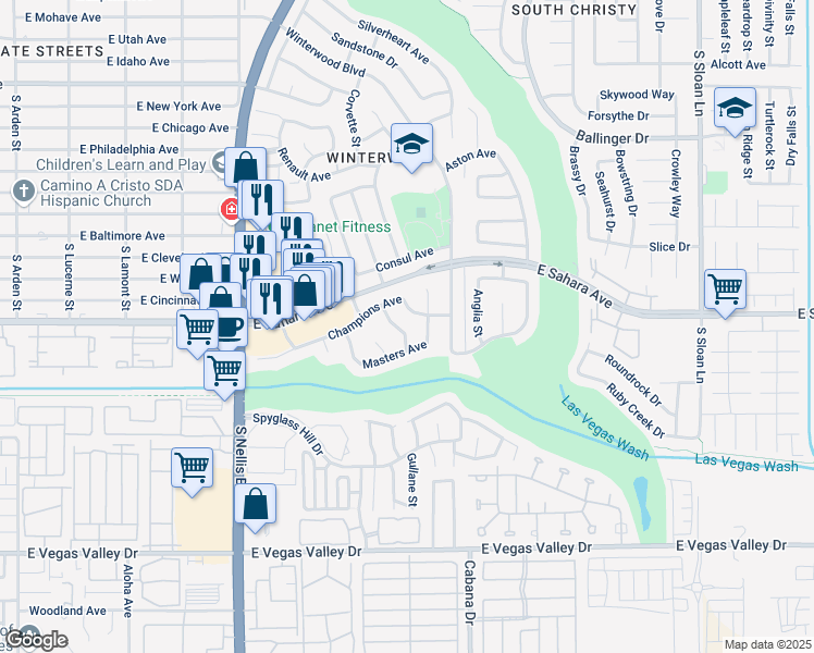 map of restaurants, bars, coffee shops, grocery stores, and more near 2520 Golfers Street in Las Vegas