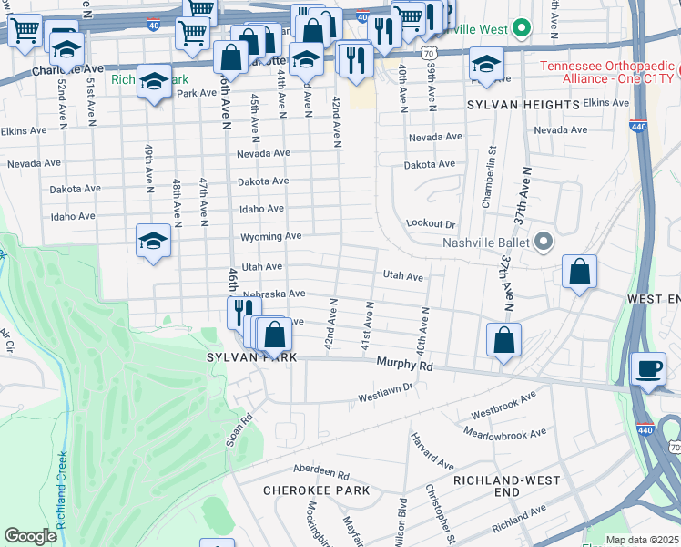 map of restaurants, bars, coffee shops, grocery stores, and more near 4115 Utah Avenue in Nashville
