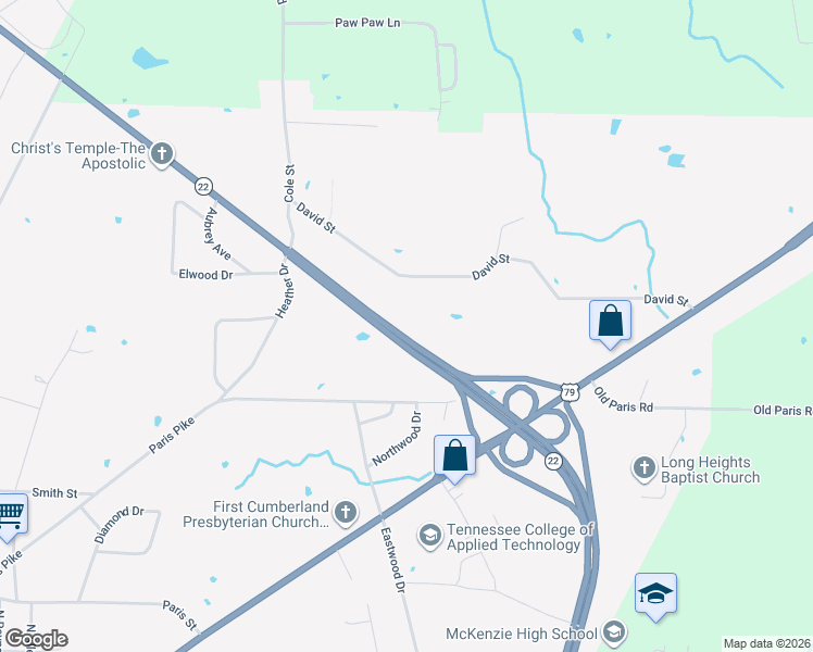 map of restaurants, bars, coffee shops, grocery stores, and more near 23850 Tennessee 22 in McKenzie
