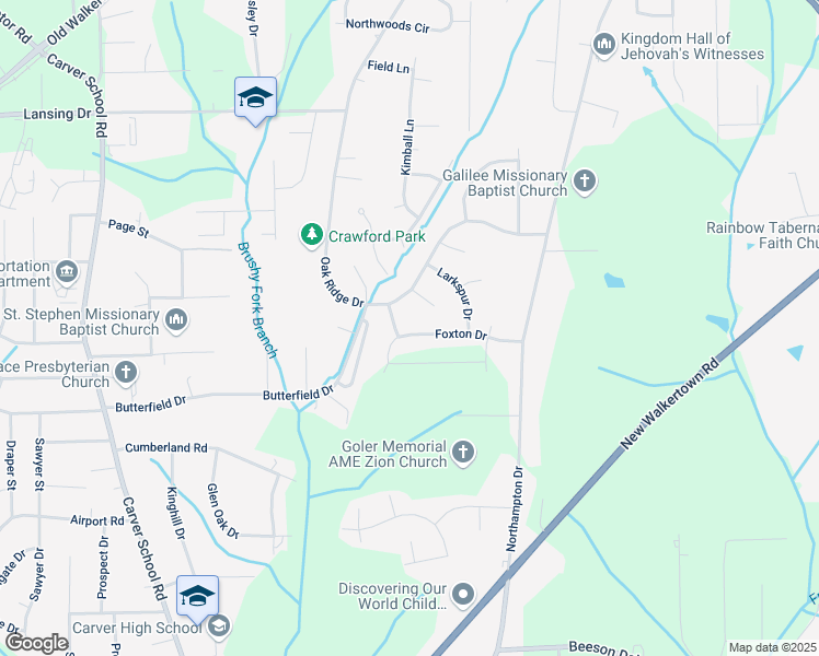 map of restaurants, bars, coffee shops, grocery stores, and more near 3712 Foxton Drive in Winston-Salem